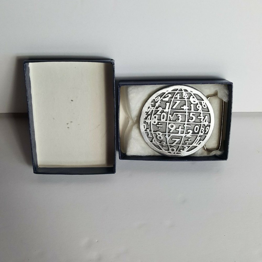 Vtg 80s Sharp Electronics Employee Belt Buckle Silver Tone Equations Nerd Geek